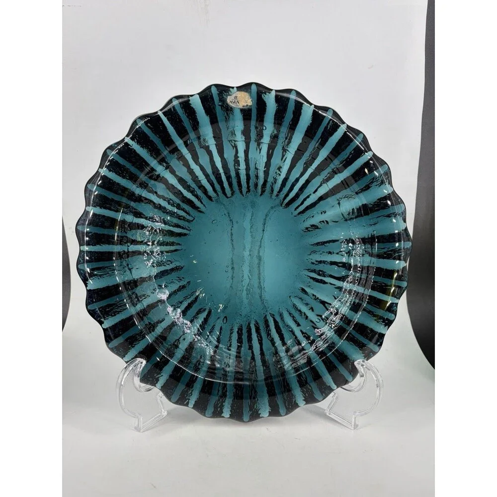 Blenko Glass Ashtray Peacock Dark Teal Persian Blue 6112-L